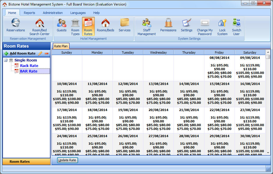 All Rates in Rate Plan Panel