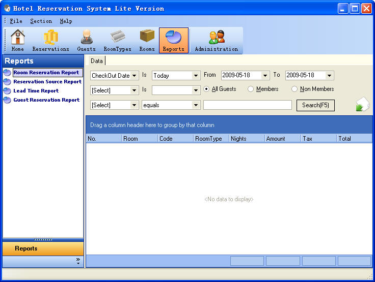 Hotel Reservation System Lite Version Reports Section ScreenShot