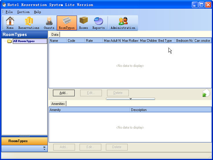 Hotel Reservation System Lite Version RoomTypes Section ScreenShot
