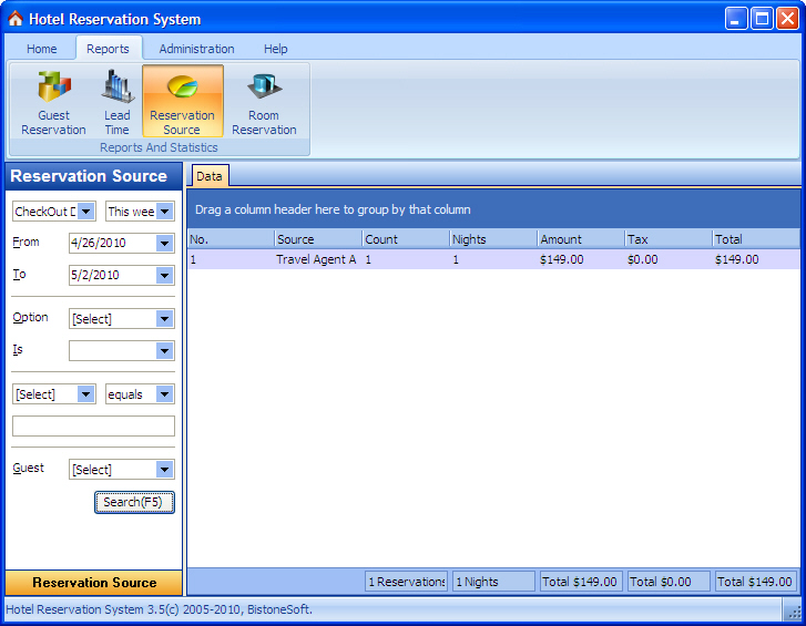 Reservation Source Report ScreenShot