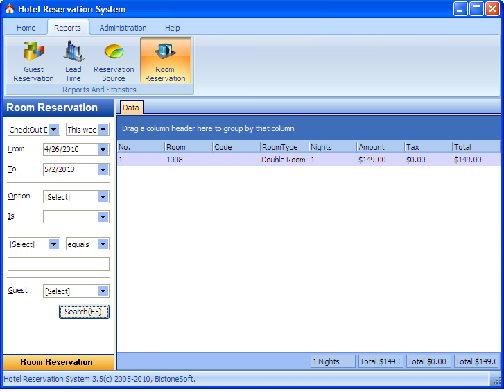 Room Reservation Report ScreenShot