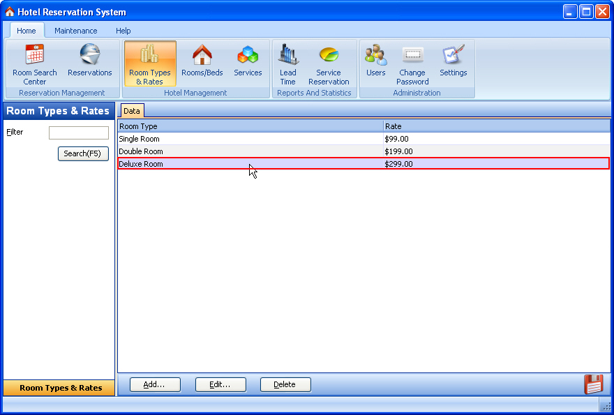 Room Type List ScreenShot